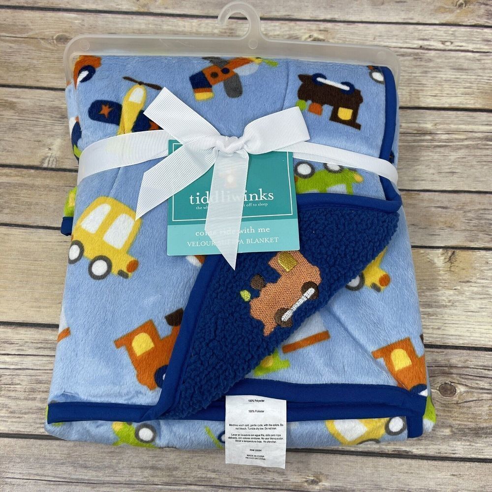 Tiddliwinks Blue Plush Car Train Transportation Baby Blanket Sherpa New With Tag